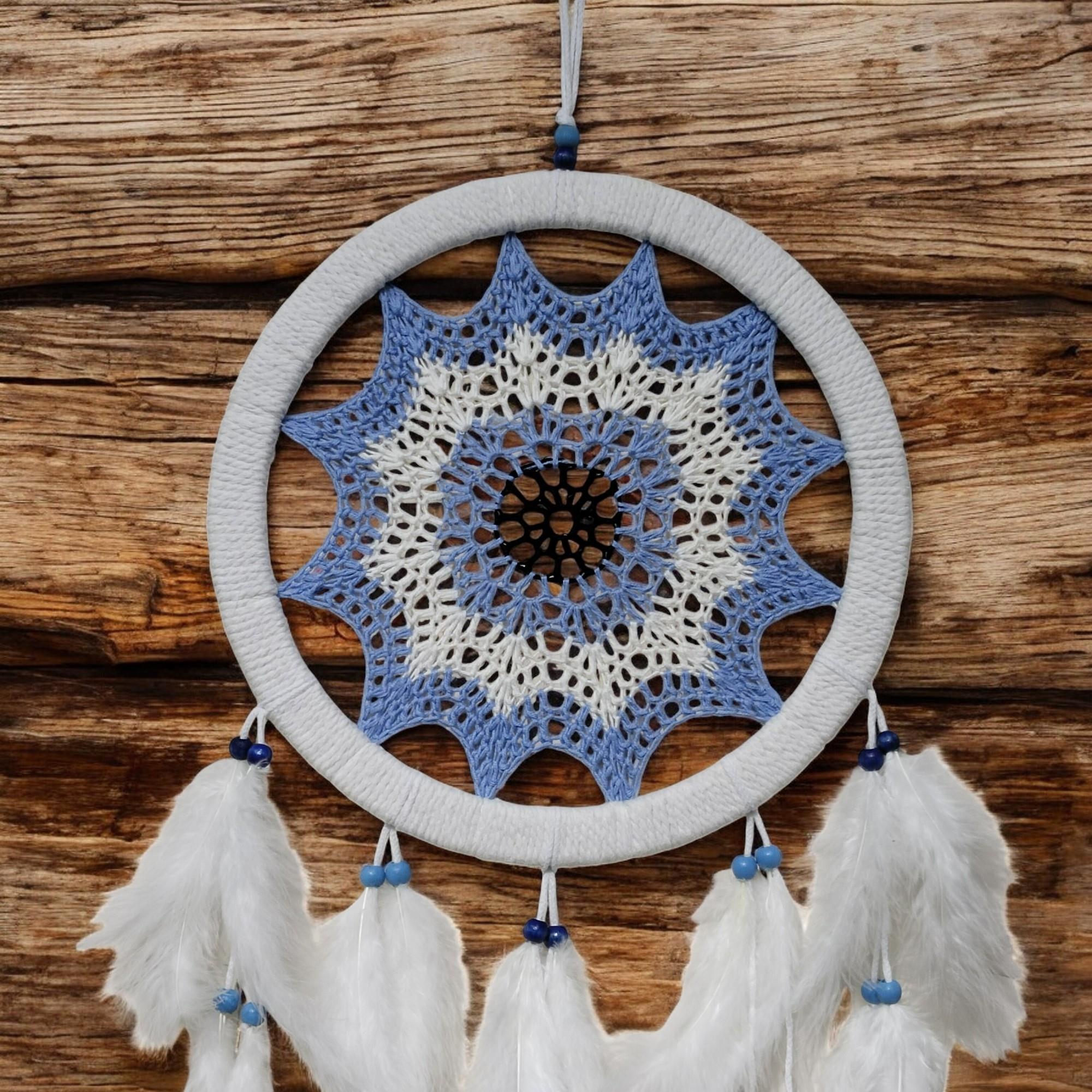 Buz Mavisi Renginde Nazar Motifli Kuş Tüylü Duvar Süsü Buz Mavisi Renginde Nazar Motifli Kuş Tüylü Duvar Süsü