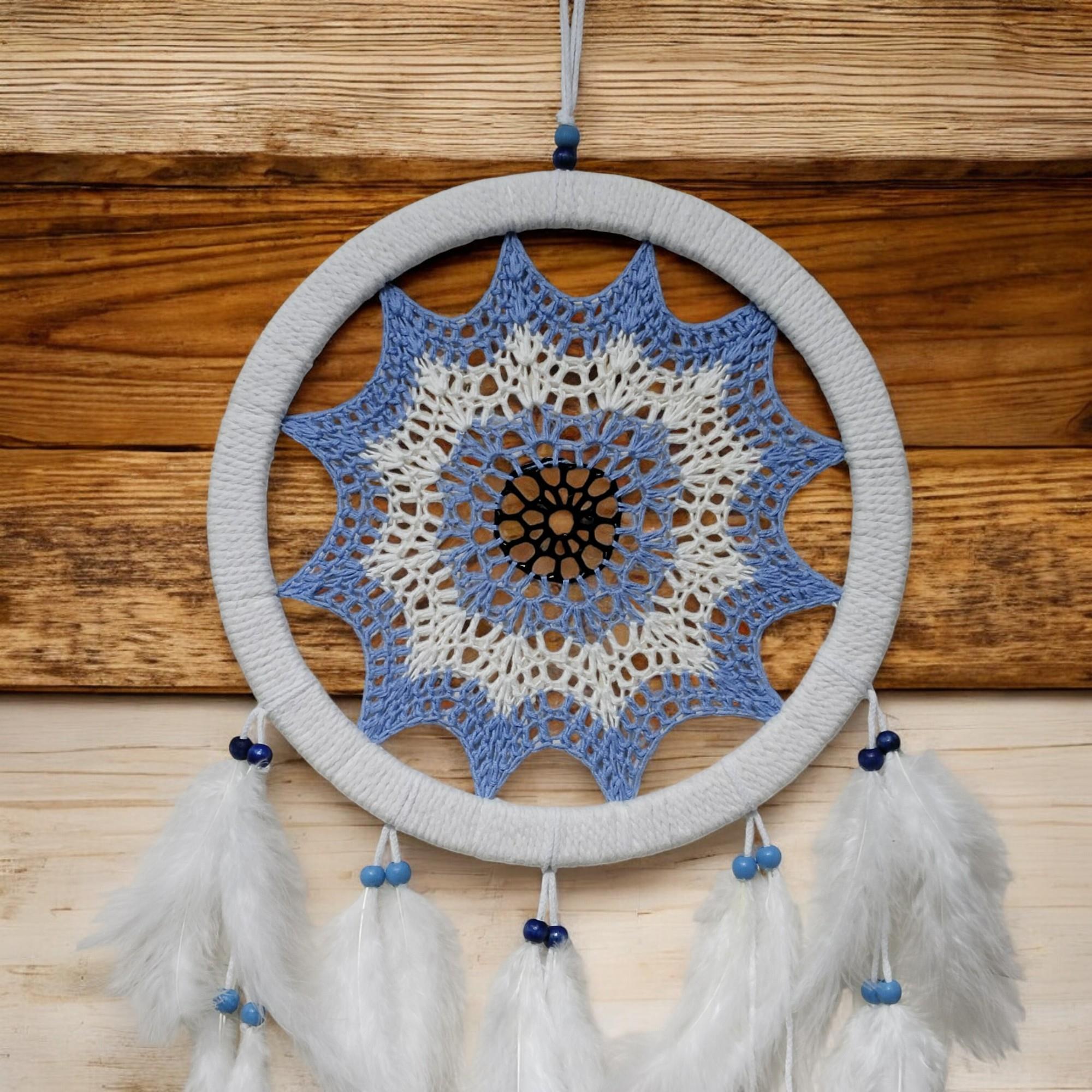 Buz Mavisi Renginde Nazar Motifli Kuş Tüylü Duvar Süsü Buz Mavisi Renginde Nazar Motifli Kuş Tüylü Duvar Süsü