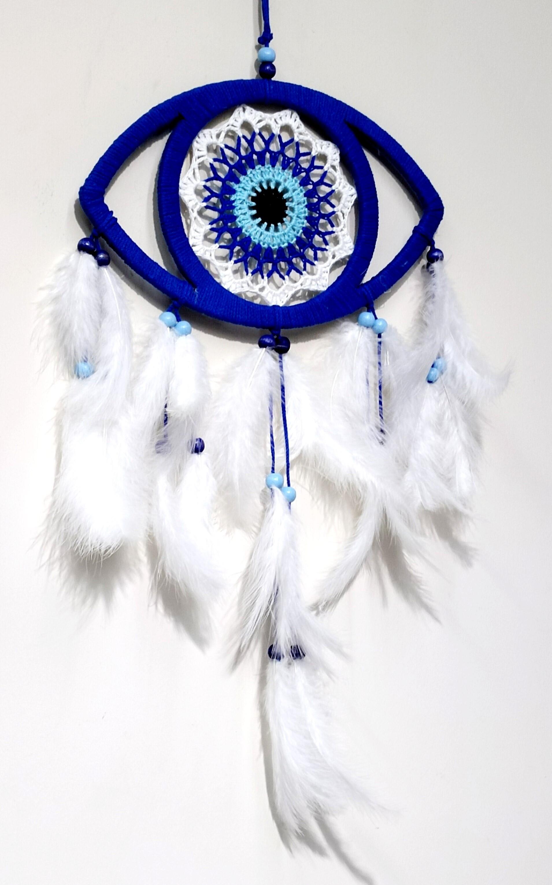 Göz Model Nazar Boncuğu Motifli Kuş Tüylü El Yapımı Mavi Düş Kapanı Duvar Dekoru