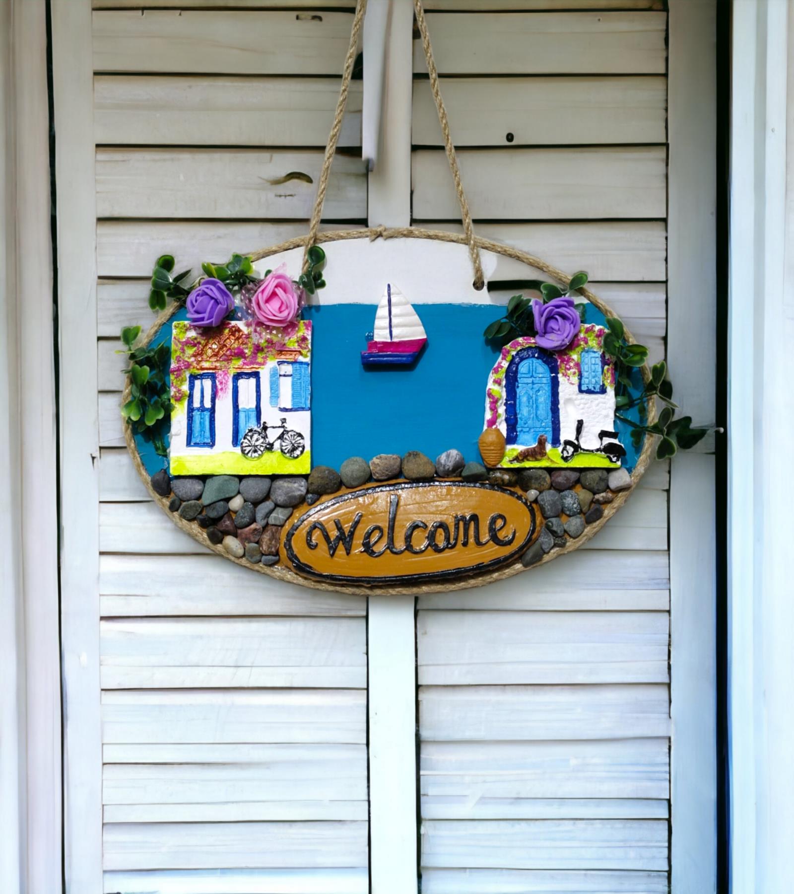 Denizci Welcome Yazılı El Boyaması Renkli Kapı Süsü