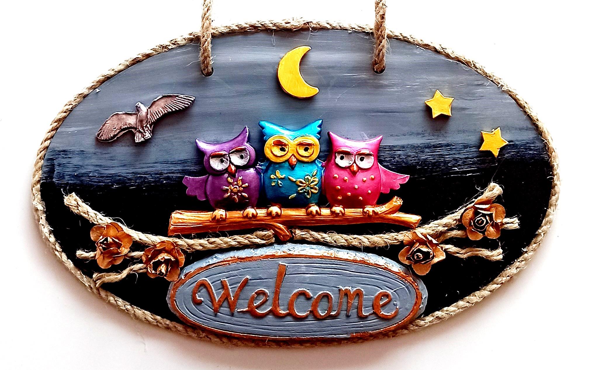 Renkli Baykuşlu Welcome Yazılı El Yapımı Kapı Süsü Renkli Baykuşlu Welcome Yazılı El Yapımı Kapı Süsü