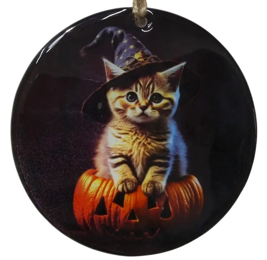 Sihirbaz Kedi Temalı Cam Kapı Süsü - Hediyelik Halloween Dekorasyonu - 12 cm