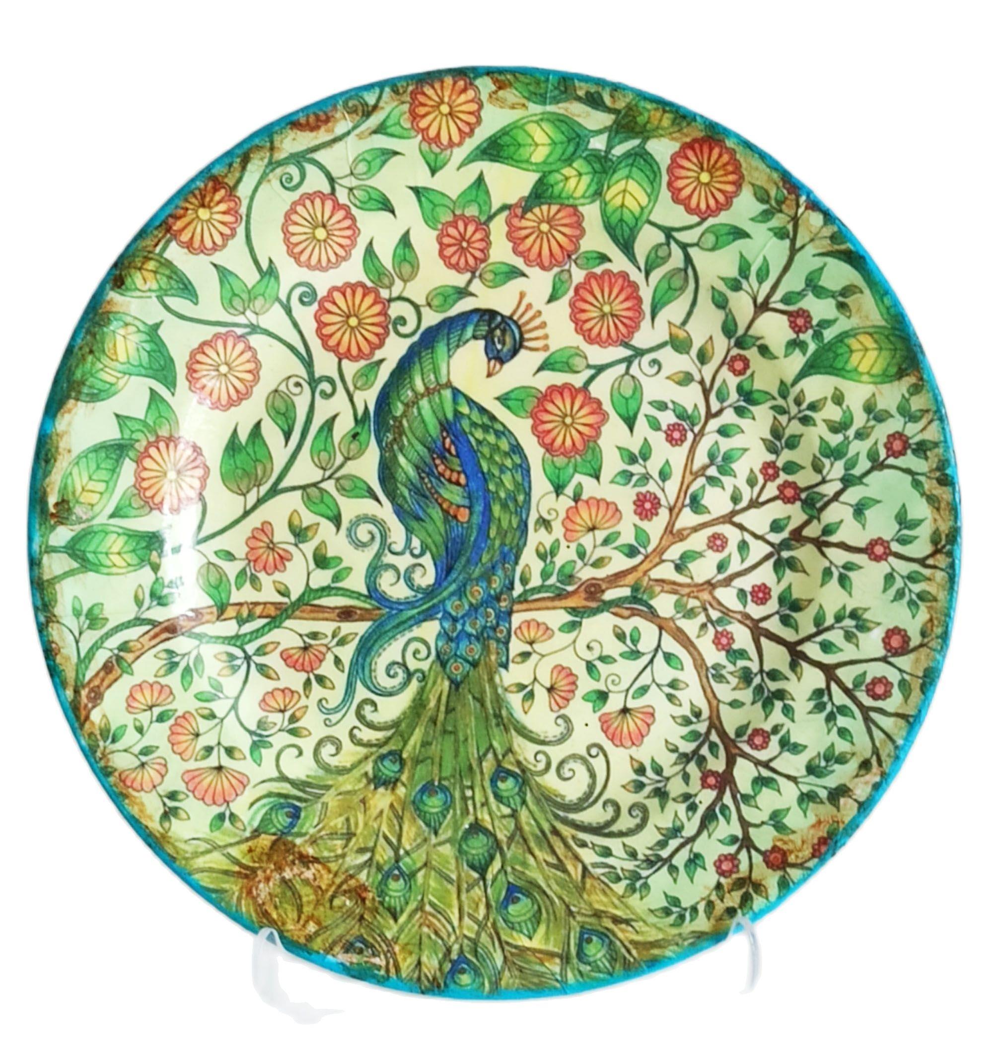 Turuncu Çiçekli Yeşil Tavus Kuşlu El Boyaması Dekoratif Tabak Masa Ve Konsol Süsü